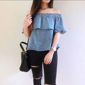Striped Denim Off-Shoulder Shirt